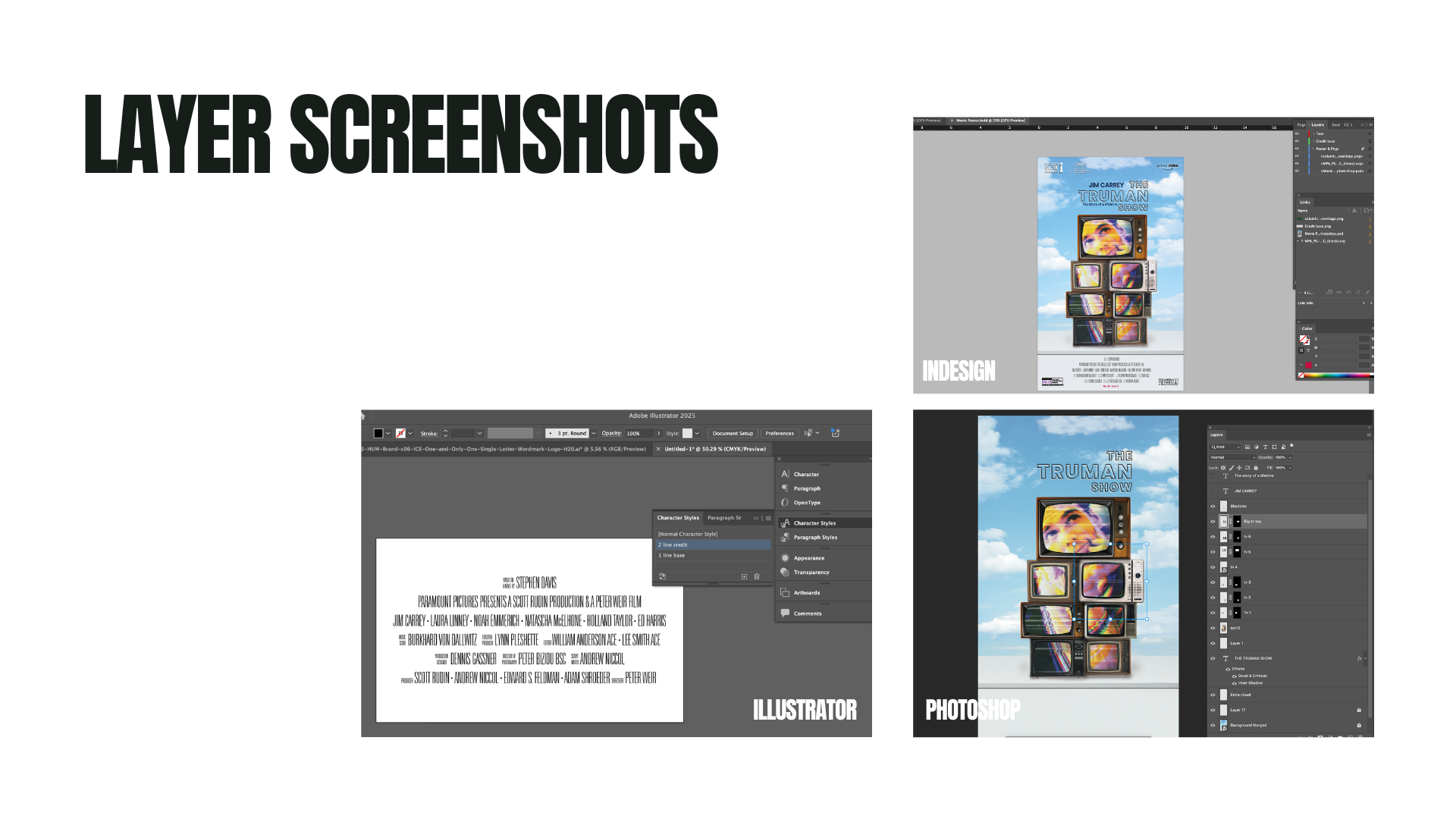 Layer screenshots - InDesign, Illustrator, Photoshop workspace