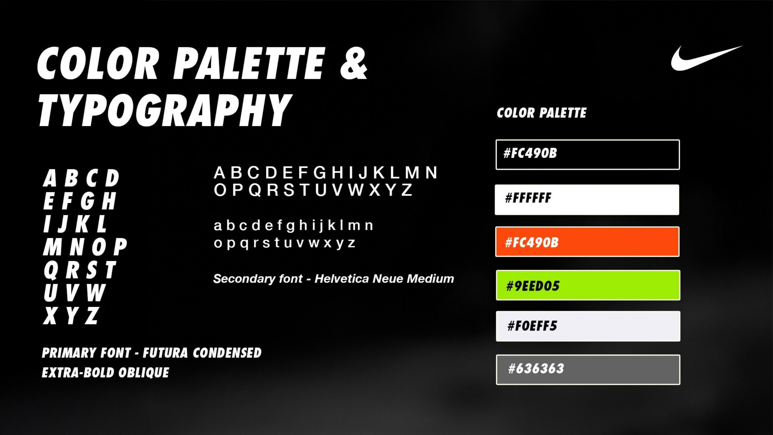 Color Palette & Typography - Futura Condensed, orange #FC490B, lime green
