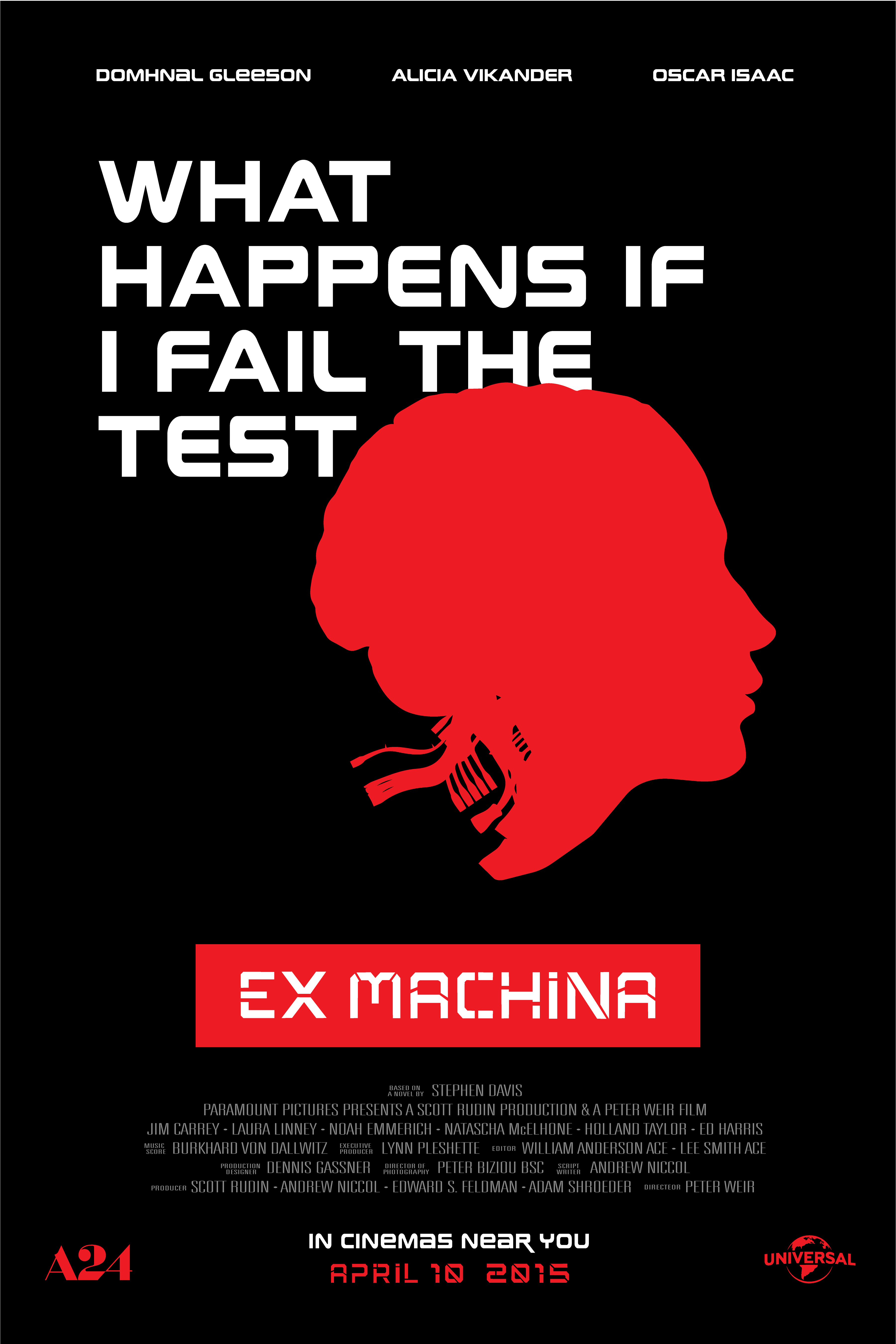 Ex Machina poster - bold red silhouette with WHAT HAPPENS IF I FAIL THE TEST in SPLITFORM